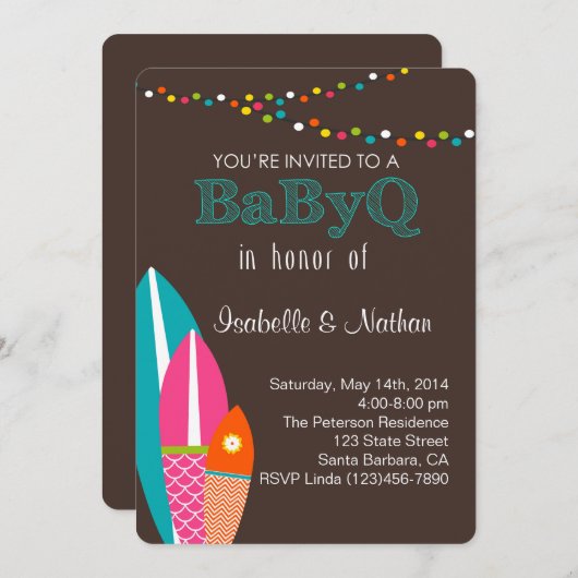 Kinderdusche mit Surfbrettern - BabyQ Baby Einladung (Vorne/Hinten)