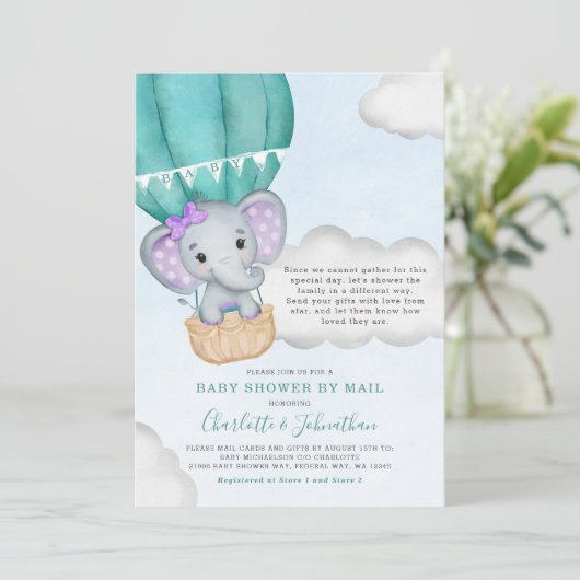 Kinderdusche per Mail Lila Elefant Einladung (Stehend Vorderseite)