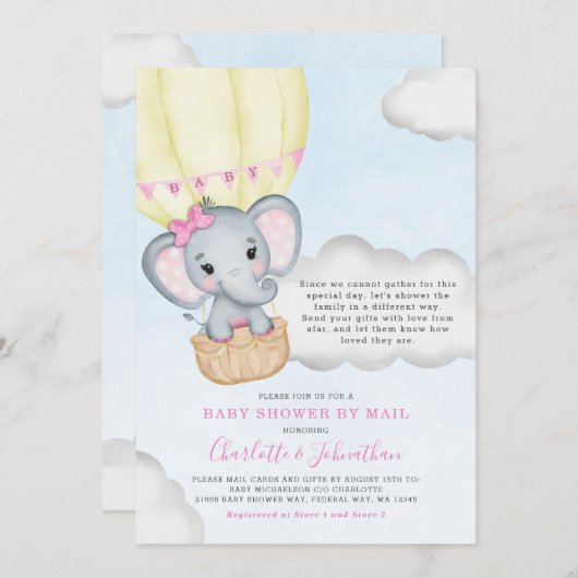 Kinderdusche per Mail rosa Elefant Einladung (Vorne/Hinten)