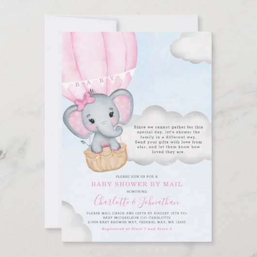 Kinderdusche per Mail rosa Elefant Einladung (Vorderseite)