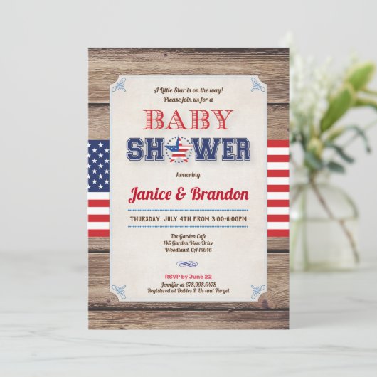 Kinderdusche rustikal 4. Juli Einladung (Stehend Vorderseite)