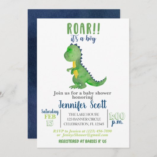 Kinderdusche Wasserfarbe Dinosaurier Einladung (Vorne/Hinten)