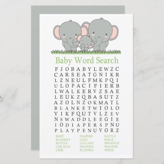 Kinderelefant Baby Dusche Word Search Game (Vorne/Hinten)