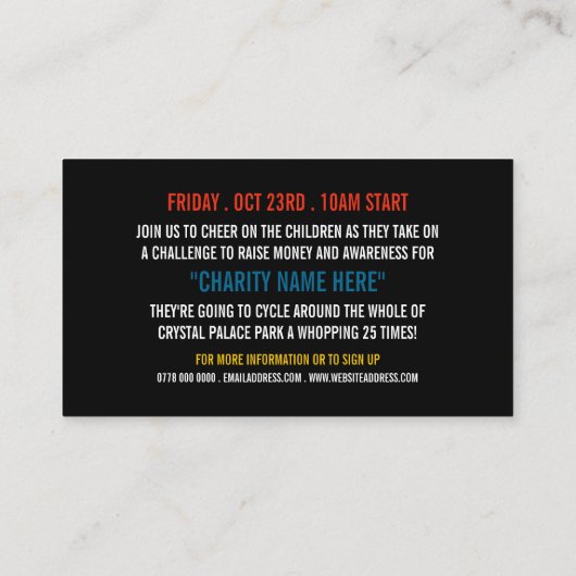 Kinderfahrrad, Kinderfahrrad-Wohltätigkeit-Bike-a- Visitenkarte (Rückseite)