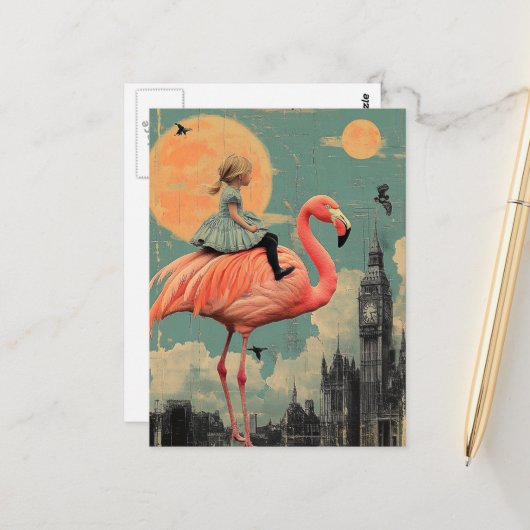 Kinderfahrten auf einem rosa Flamingo Postkarte (Vorderseite/Rückseite Beispiel)
