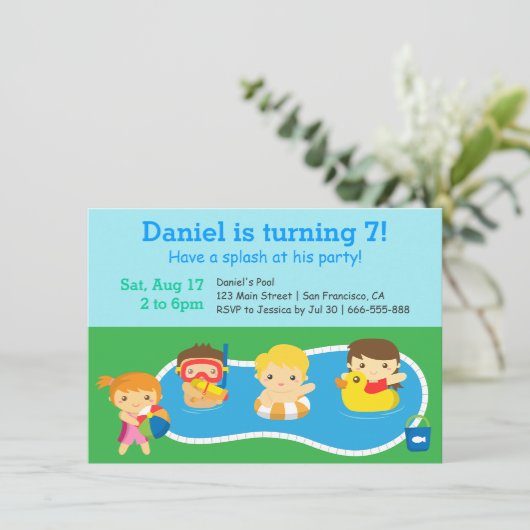 Kinderfarbenfrohe Splash Birthday Pool Party Einladung (Stehend Vorderseite)