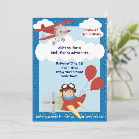Kinderflieger Geburtstagspartei Einladung (Stehend Vorderseite)