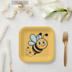 Kinderfreundliches Bienenmaskottchen mit gepunktet Pappteller