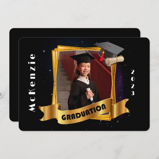 Kindergarten Abschluss Gold Rahmen hinzufügen Einladung (Vorne/Hinten)