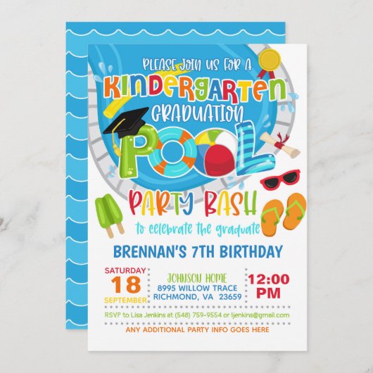 Kindergarten Abschluss Pool Party - Boy W Einladung (Vorne/Hinten)