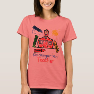 Kindergarten Lehrer T Shirt- Schulhaus & Crayon T-Shirt