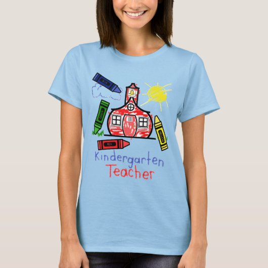 Kindergarten Lehrer T Shirt- Schulhaus & Crayon T-Shirt (Vorderseite)
