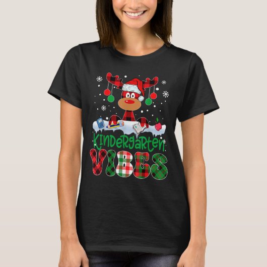 Kindergarten Vibes Teacher Buffalo Plaid Reindeer  T-Shirt (Vorderseite)
