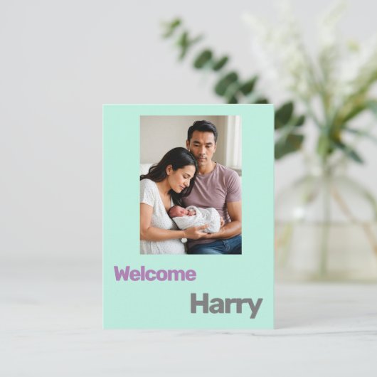 KinderGeburtsankündigung blau lila Postkarte (Stehend Vorderseite)