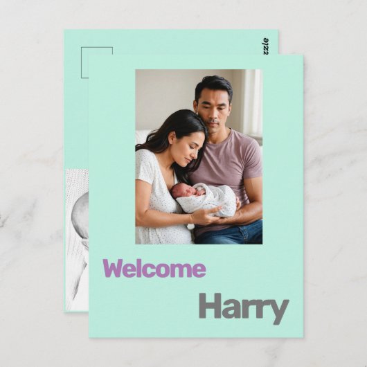 KinderGeburtsankündigung blau lila Postkarte (Vorne/Hinten)