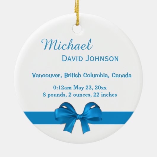 Kindergeburtssornamente. blaues Band Keramikornament (Hinten)