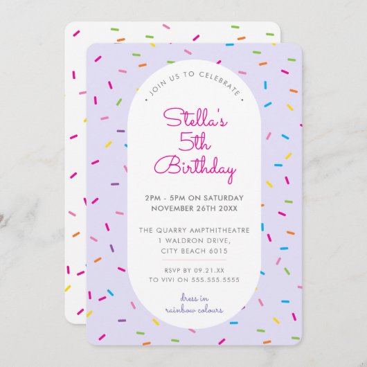 KINDERGEBURTSTAG bunt Berieselungsstreifen lila Einladung (Vorne/Hinten)