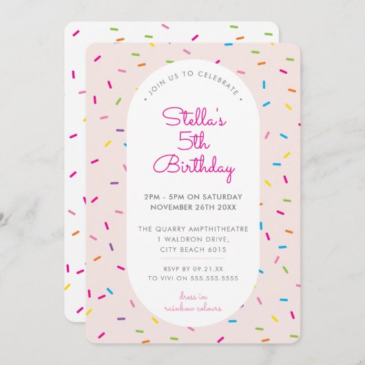 KINDERGEBURTSTAG bunt gürtelbestreuen Rand rosa Einladung (Vorne/Hinten)