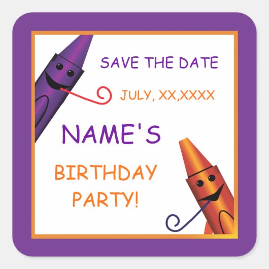 Kindergeburtstag Crayon Party Save the Date Aufkle Quadratischer Aufkleber (Vorderseite)