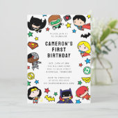 Kindergeburtstag der Chibi Justice League Einladung (Stehend Vorderseite)