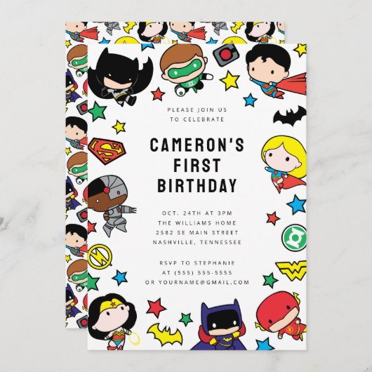 Kindergeburtstag der Chibi Justice League Einladung (Vorne/Hinten)