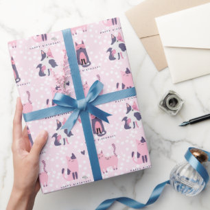 Kindergeburtstag der niedlichen und Lila Katzen Geschenkpapier