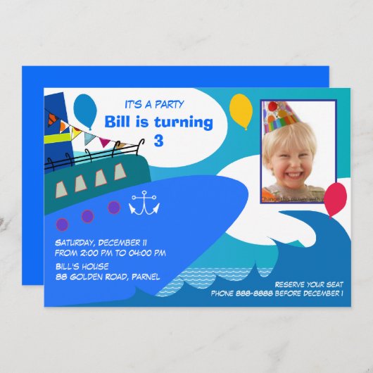 Kindergeburtstag Einladung 027: Kreuzfahrtschiff (Vorne/Hinten)