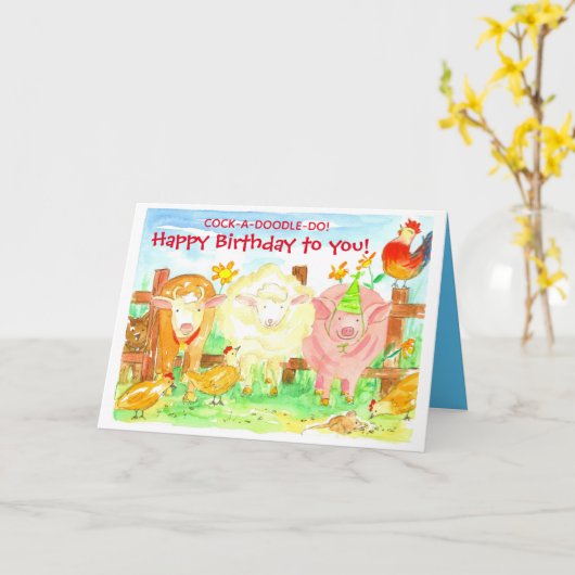 Kindergeburtstag Farmtiere Schweinekuh Rooster Karte (Gelbe Blume)
