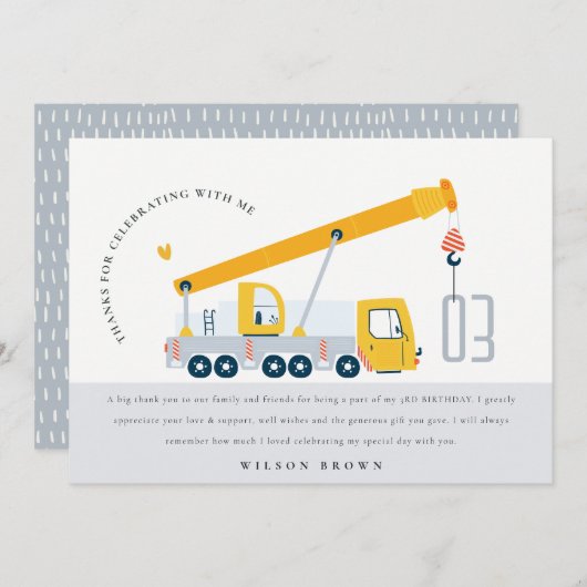 Kindergeburtstag für Kranfahrzeuge Dankeskarte (Vorne/Hinten)
