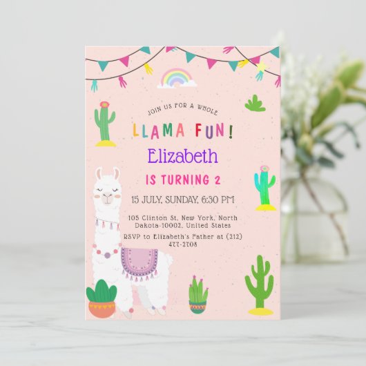 Kindergeburtstag Llama Alpaca Fun Einladung (Stehend Vorderseite)