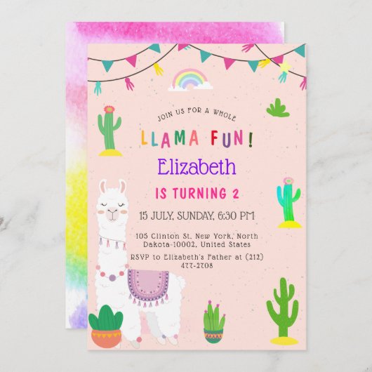 Kindergeburtstag Llama Alpaca Fun Einladung (Vorne/Hinten)