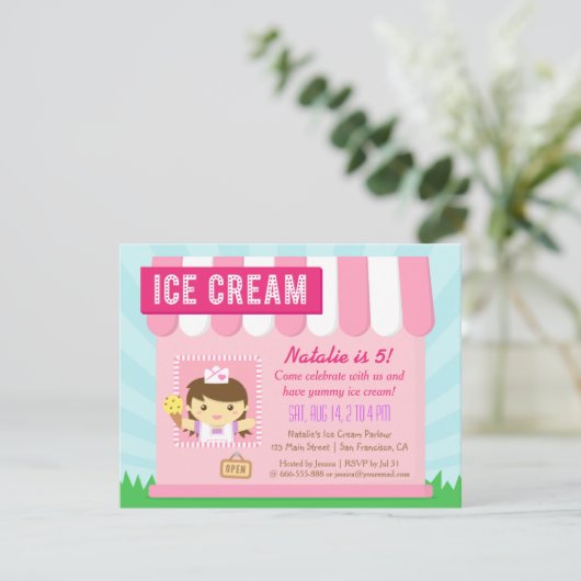 Kindergeburtstag, niedliche Eiscreme-Party Einladung (Stehend Vorderseite)