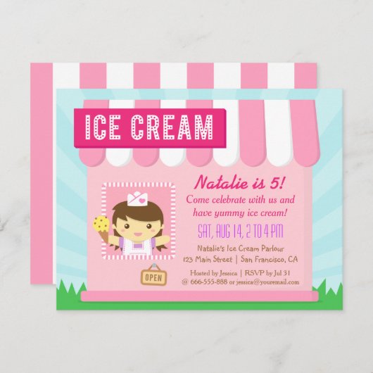 Kindergeburtstag, niedliche Eiscreme-Party Einladung (Vorne/Hinten)