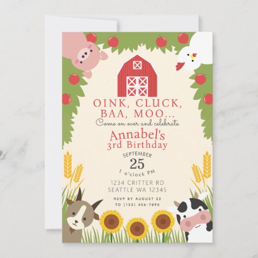 Kindergeburtstag niedlicher landwirtschaftlicher N Einladung (Vorderseite)