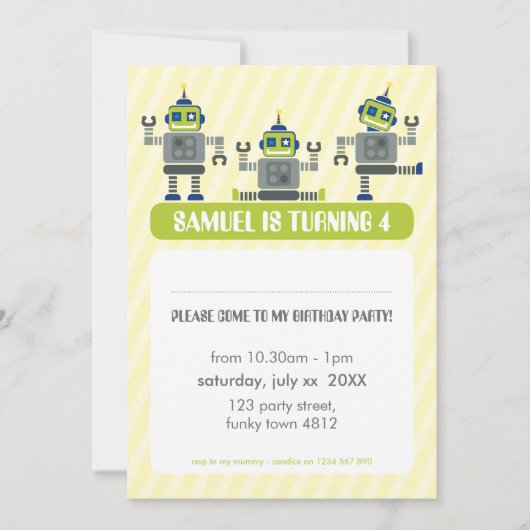 KINDERGEBURTSTAG PARTY INVITE Modernes Robotertrio Einladung (Vorderseite)