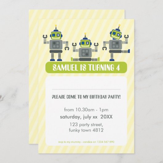 KINDERGEBURTSTAG PARTY INVITE Modernes Robotertrio Einladung (Vorne/Hinten)
