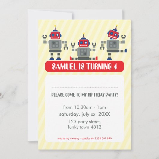 KINDERGEBURTSTAG PARTY INVITE Modernes Robotertrio Einladung (Vorderseite)