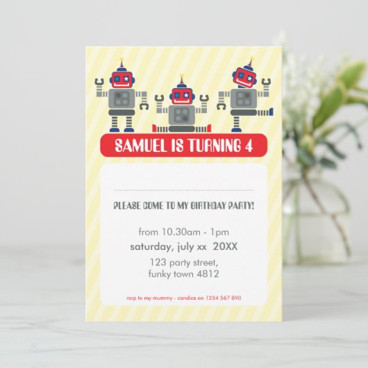 KINDERGEBURTSTAG PARTY INVITE Modernes Robotertrio Einladung (Stehend Vorderseite)