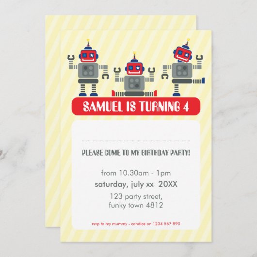 KINDERGEBURTSTAG PARTY INVITE Modernes Robotertrio Einladung (Vorne/Hinten)