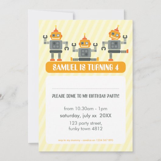 KINDERGEBURTSTAG PARTY INVITE Modernes Robotertrio Einladung (Vorderseite)
