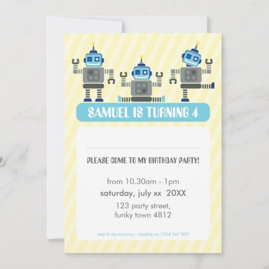 KINDERGEBURTSTAG PARTY INVITE Modernes Robotertrio Einladung (Vorderseite)