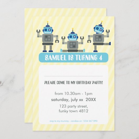 KINDERGEBURTSTAG PARTY INVITE Modernes Robotertrio Einladung (Vorne/Hinten)