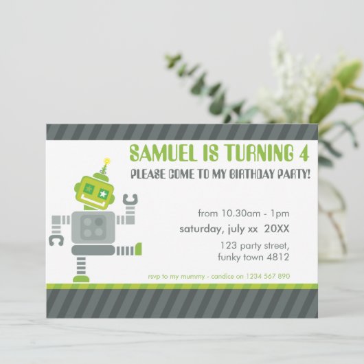KINDERGEBURTSTAG PARTY INVITE niedlicher Tanzrobot Einladung (Stehend Vorderseite)
