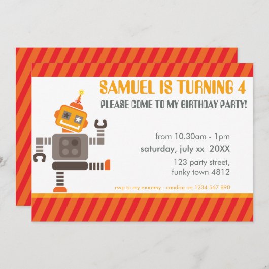 KINDERGEBURTSTAG PARTY INVITE niedlicher Tanzrobot Einladung (Vorne/Hinten)
