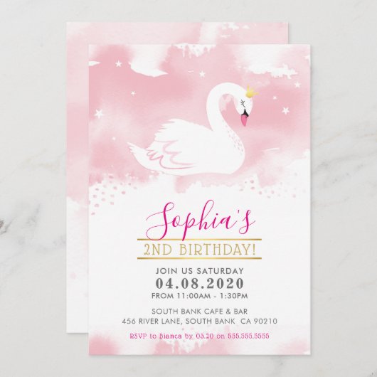 KINDERGEBURTSTAG PARTY INVITE schwan Prinzessin go Einladung (Vorne/Hinten)