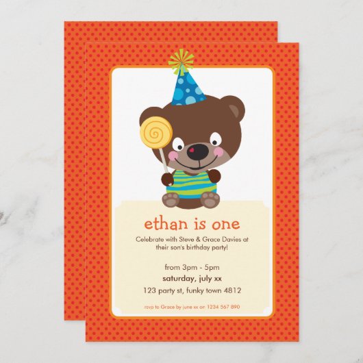 KINDERGEBURTSTAG PARTY INVITE Teddybear lollipop Einladung (Vorne/Hinten)