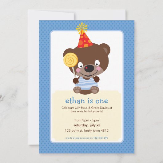 KINDERGEBURTSTAG PARTY INVITE Teddybear lollipop Einladung (Vorderseite)