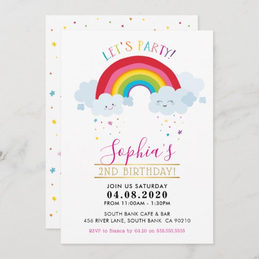 KINDERGEBURTSTAG PARTY Kawaii Regenbogen niedliche Einladung (Vorne/Hinten)