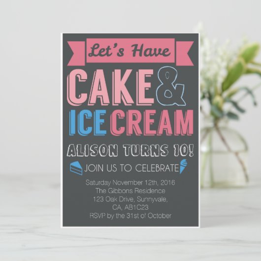 Kindergeburtstag Party Kuchen Eiscreme Einladung (Stehend Vorderseite)