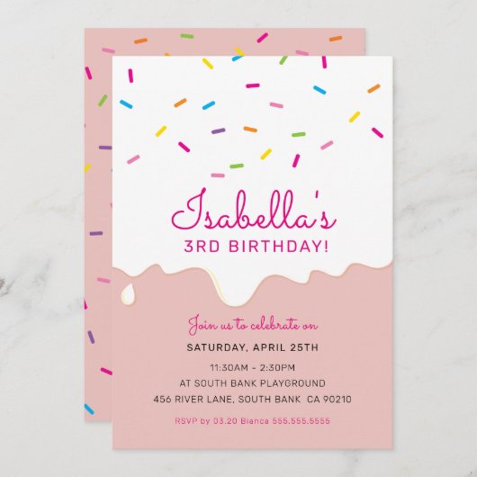 KINDERGEBURTSTAG PARTY Kuchen Zuckerguss Tropfen S Einladung (Vorne/Hinten)